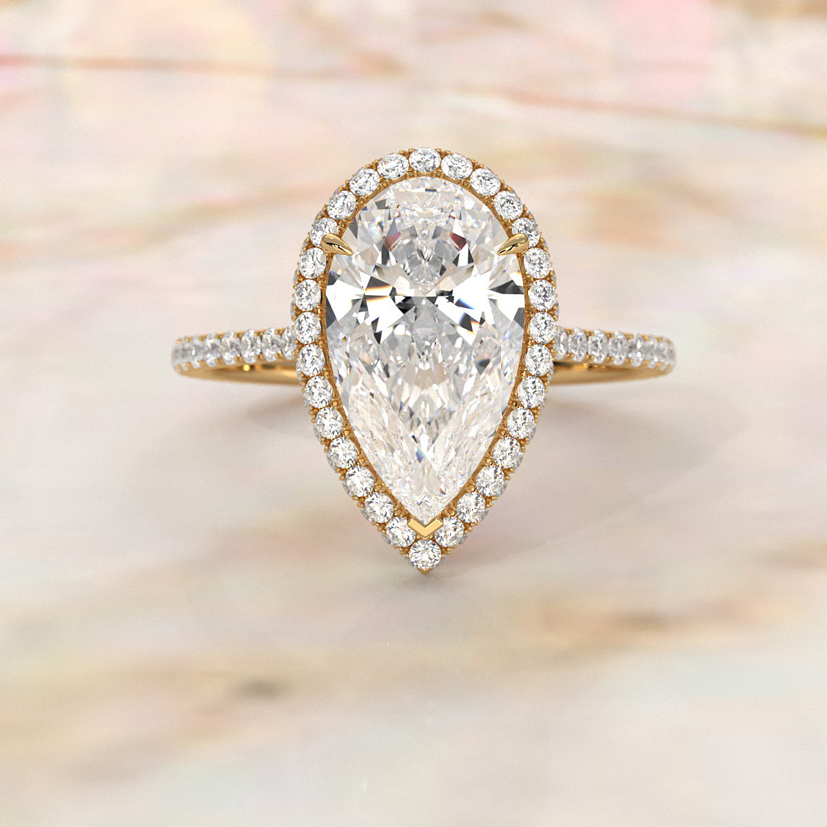 Double Halo Lab Grown Pear Diamond French Pave Set Engagement Ring